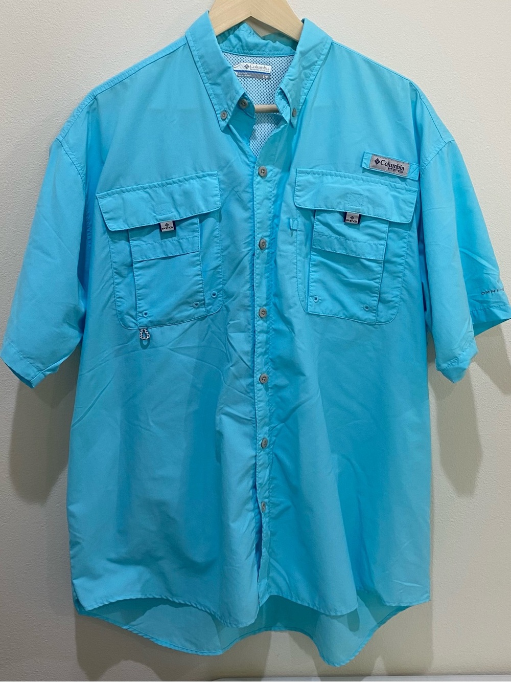 Columbia PFG Mens Large Blue Omni-Shade Short Sleeve Ventilated Fishing Shirt